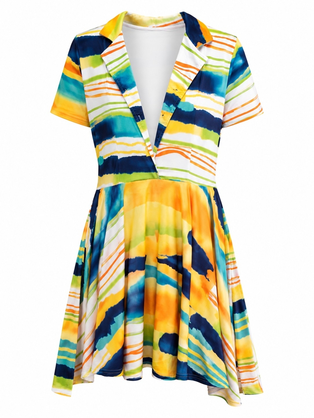 Watercolor Stripe V-Neck Mini Dress in Yellow, Blue & Green